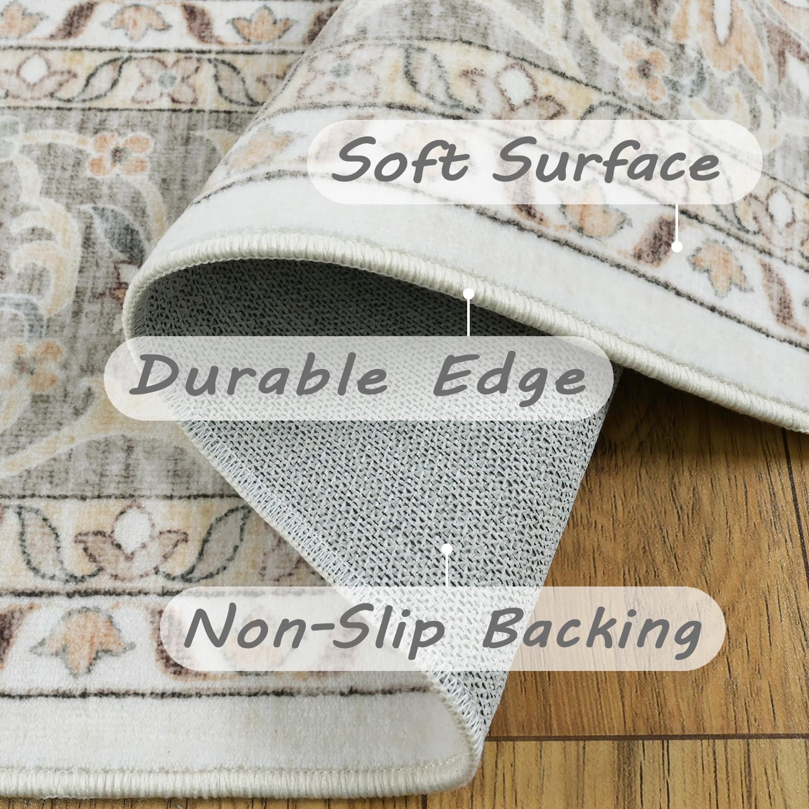 phonzenuo 7x9 Area Rugs for Living Room,Thin Washable Rug, Non-Slip Foldable Area Rug for Bedroom, Dining Room, Home Office, Cream