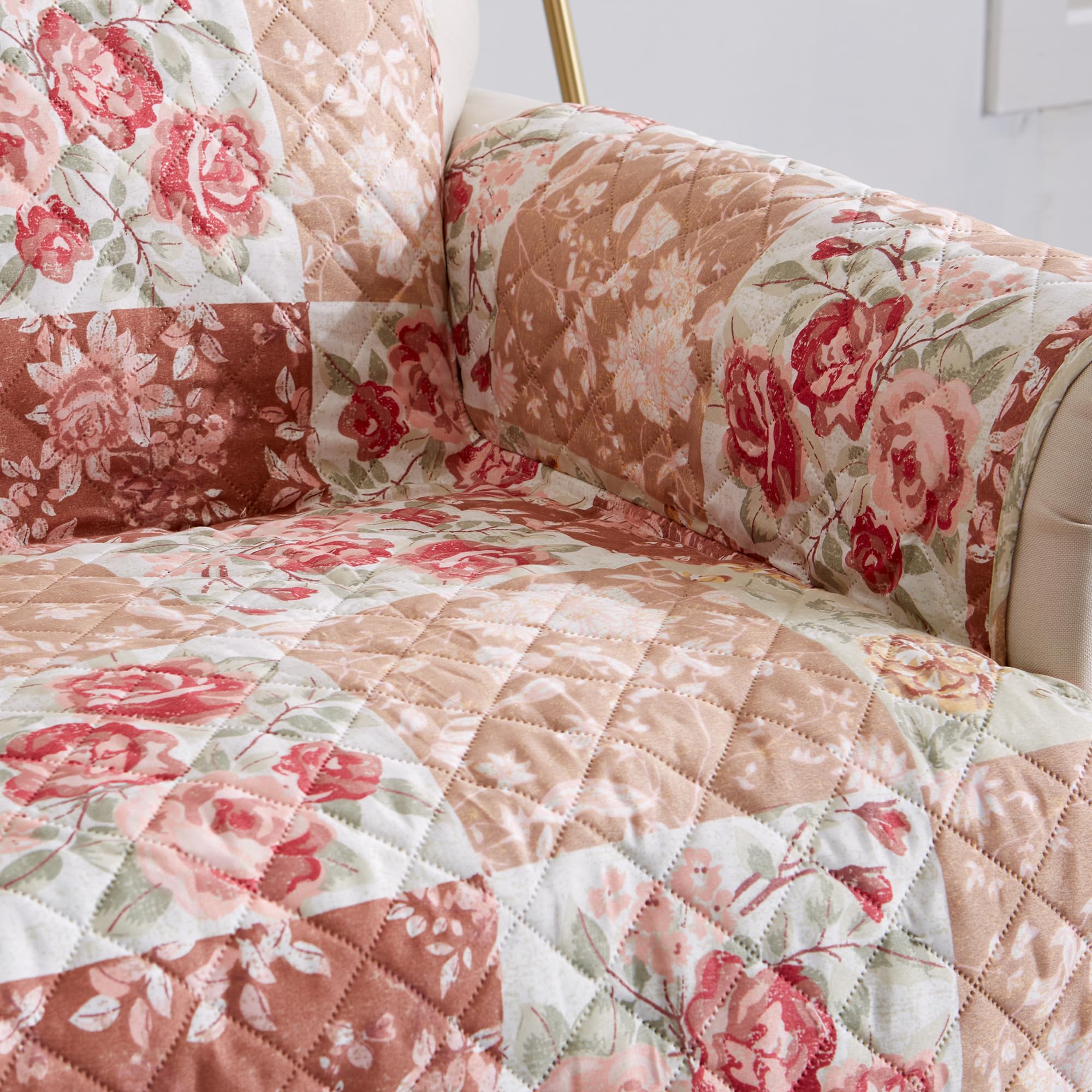 Great Bay Home Reversible Floral Patchwork Sofa Furniture Protector - Machine Washable, Scalloped Edge, Stain Resistant, Printed Furniture Cover for Dogs, Kids, and Pets (Burgundy/Taupe)