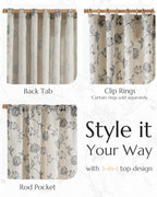 Jinchan Linen Floral Curtains 63 Inch Length for Living Room & Bedroom - Light Filtering Rod Pocket Back Tab Jacobean Curtains Flax Linen Texture Window Drapes Set 2 Panels Black on Linen