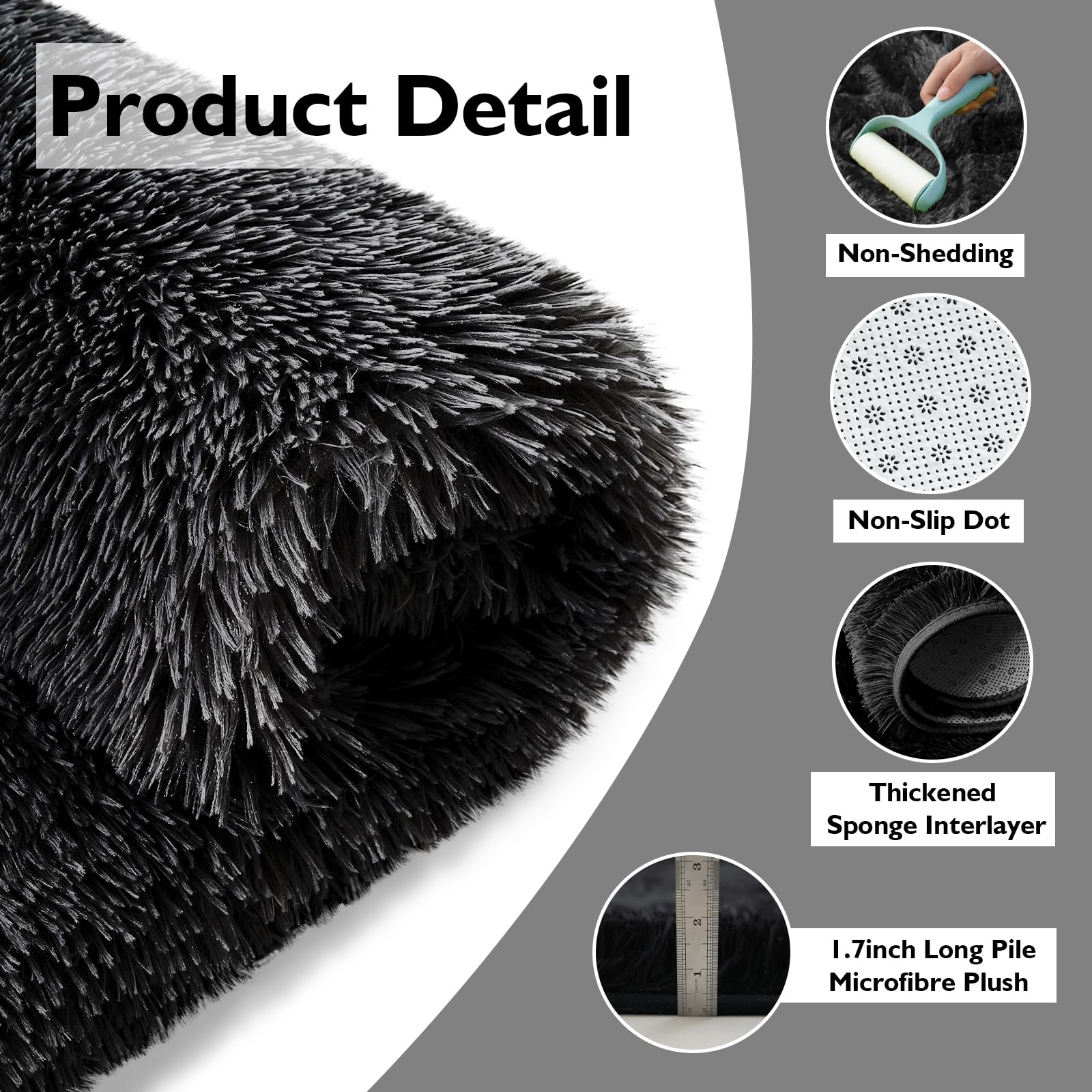 Black Fluffy Round Area Rugs,6'X6'Shag Circle Small Area Rugs for Bedroom