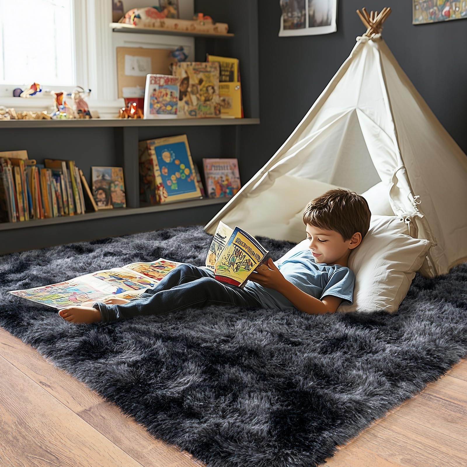 Super Fluffy Area Rug for Living Room 5x7, Shaggy Carpet, Dark Grey