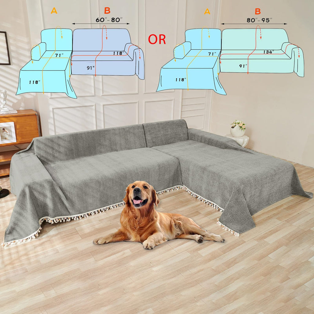 HANDONTIME Couch Slipcovers for Sofas Dark Grey Couch Cover Sofa Cover for Dogs Boho Pet Couch Protector with Tassel Chenille Herringbone Couch Cover for 2 3 Seat Washable Pet Friendly, 71" X134"