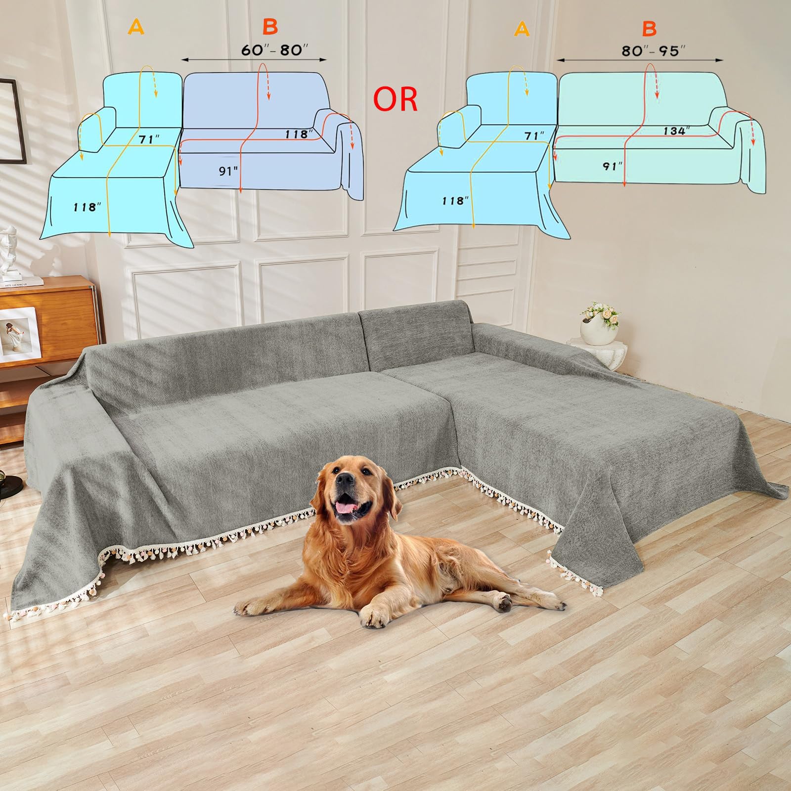 HANDONTIME Couch Slipcovers for Sofas Dark Grey Couch Cover Sofa Cover for Dogs Boho Pet Couch Protector with Tassel Chenille Herringbone Couch Cover for 2 3 Seat Washable Pet Friendly, 71" X134"