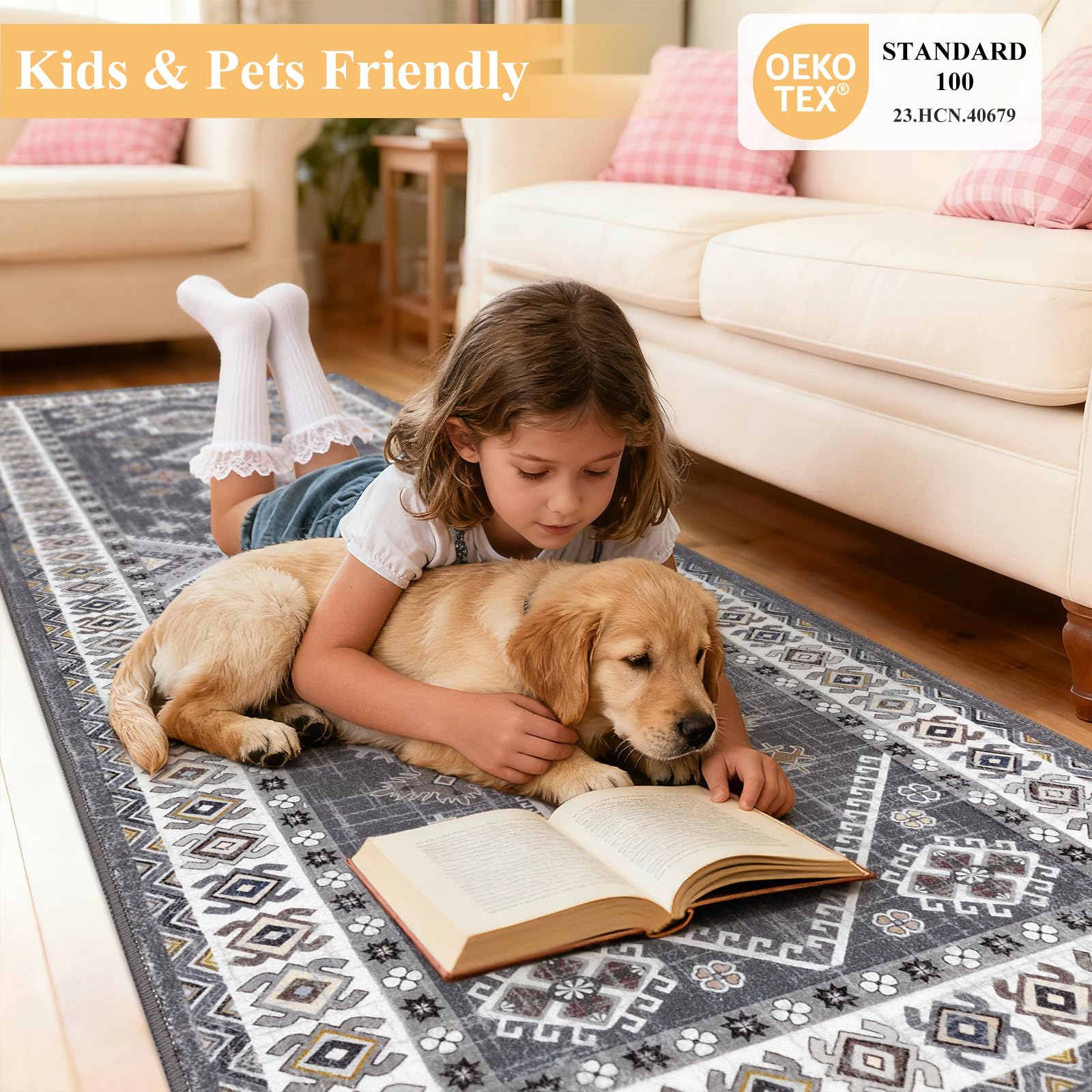 HEBE Boho Kitchen Rugs Set of 3, Non Slip Washable Kitchen Mats for Floor