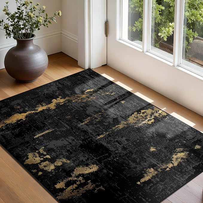 RELEANY Washable 3'x5' Abstract Area Rug for Living Room Black Gold