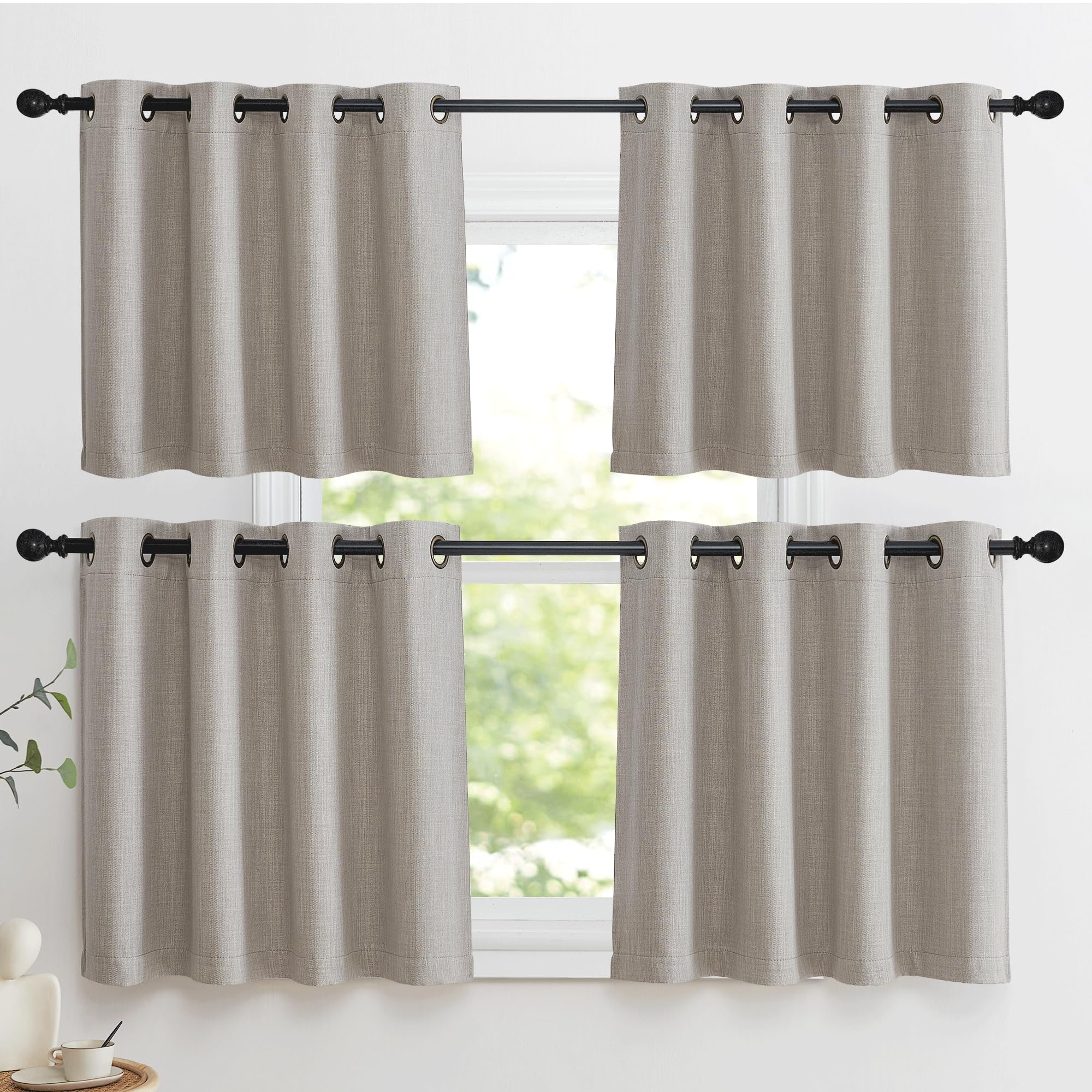 NICETOWN Linen Curtain Valances for Living Room 30 inch Length 2 Panels, Grommet Top Light Blocking Room Darkening Curtains Thermal Insulated Window Tiers for Barhtoom Window, Angora, W50 x L30