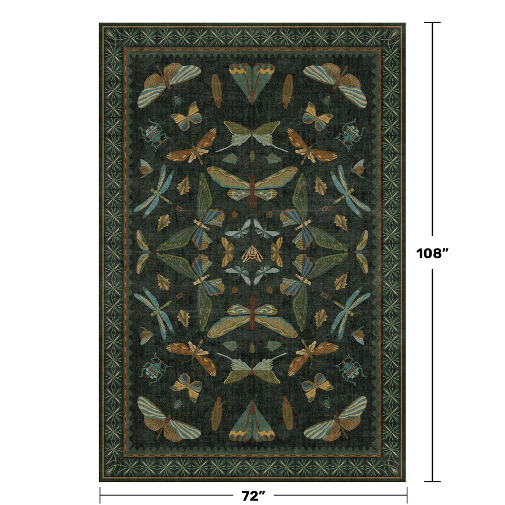 6x9 Dark Green Area Rugs for Dining Room - Rugs for Living Room, Bedroom Under Bed, Insect Moth Floral Non Slip Low Pile Floor Carpet