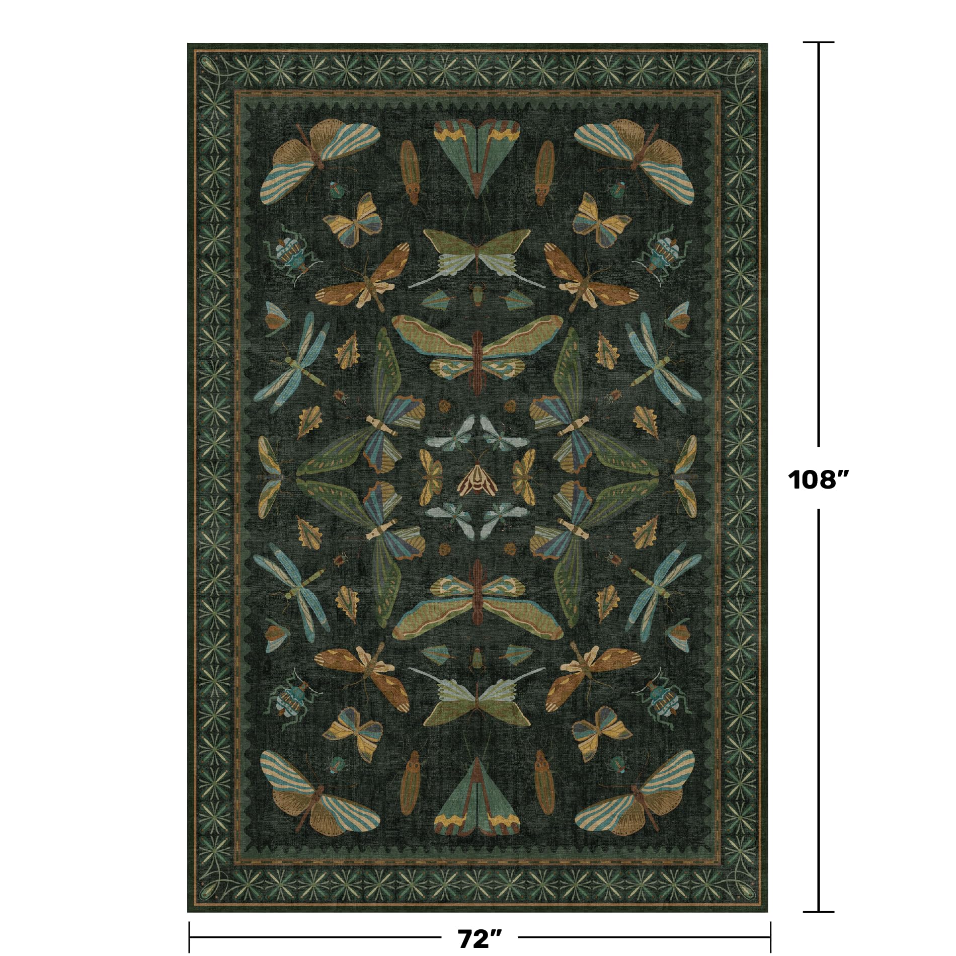 6x9 Dark Green Area Rugs for Dining Room - Rugs for Living Room, Bedroom Under Bed, Insect Moth Floral Non Slip Low Pile Floor Carpet