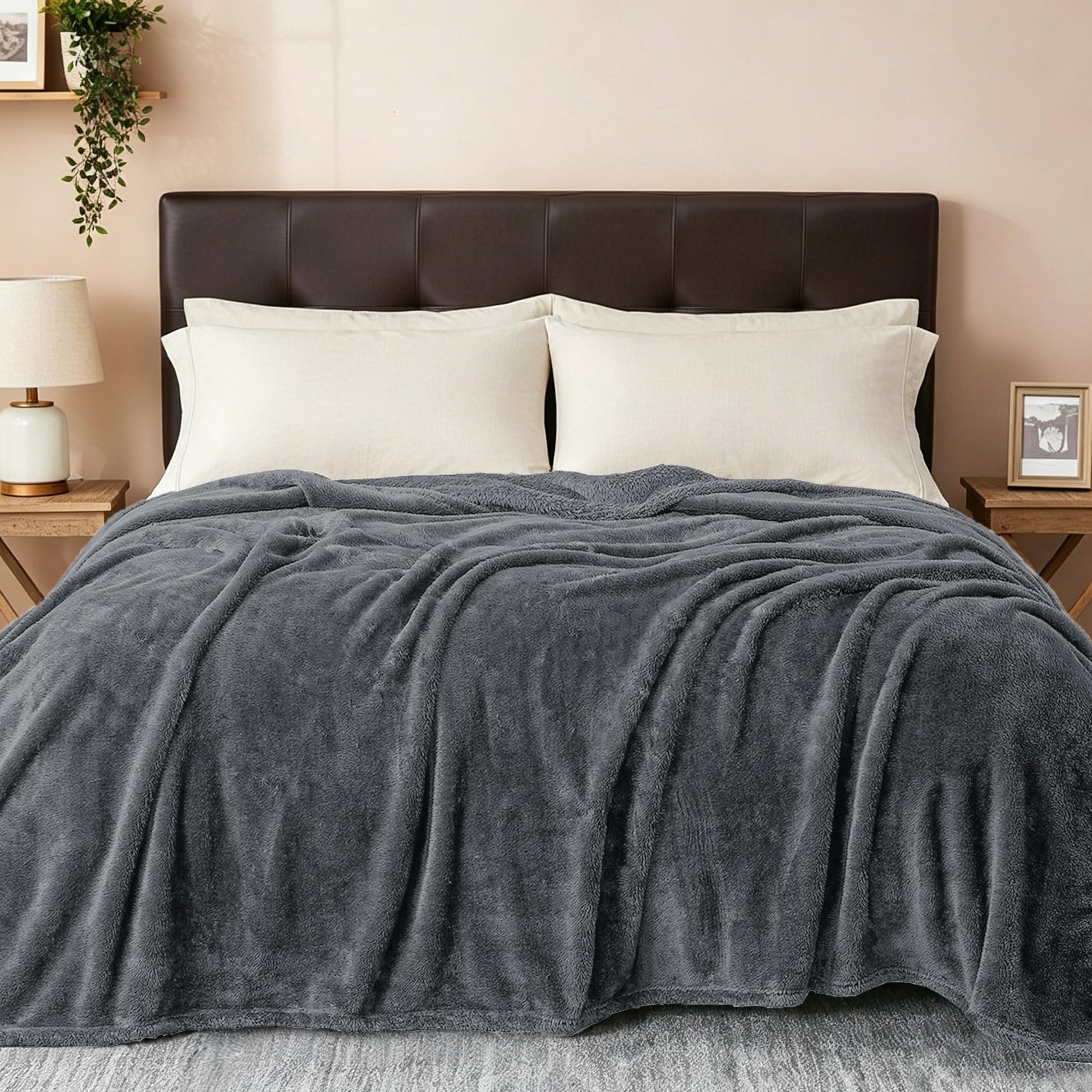 Exclusivo Mezcla Fuzzy Plush Fleece Bed Blanket Queen Size, Dark Grey