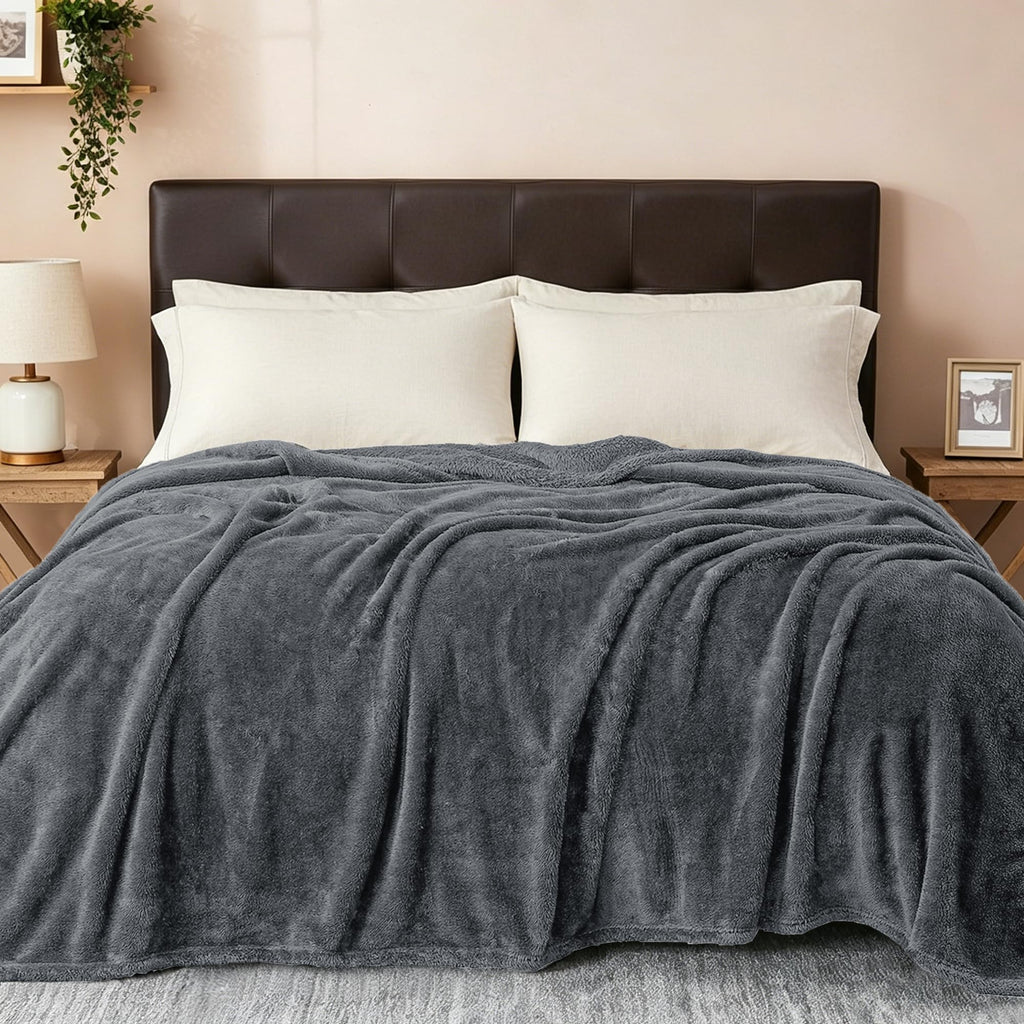 Exclusivo Mezcla Fuzzy Plush Fleece Bed Blanket Queen Size, Dark Grey
