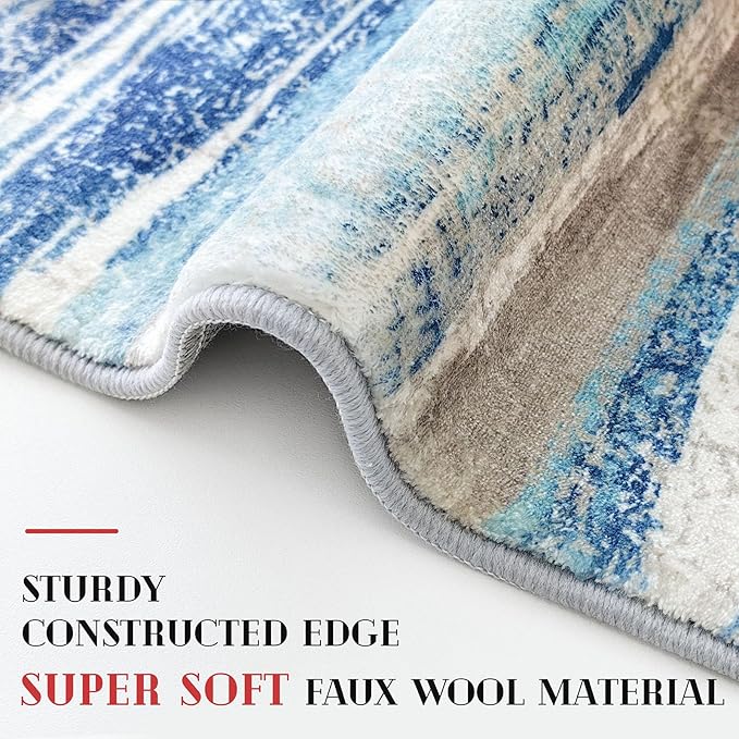 Lansny Modern Abstract Runner Rug 3x18, Blue Washable Long Kitchen Runner Non-Slip Soft Hallway Rug Runner Ultra Thin Print Faux Wool Carpet for Entryway Bedroom Laundry Room Indoor Home Decor