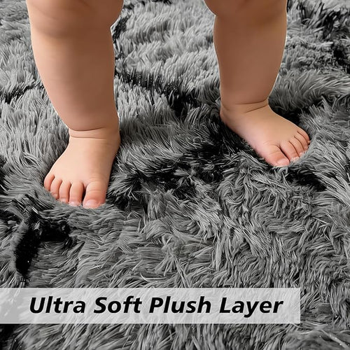 6x9 Fluffy Area Rugs for Living Room,Grey and Black Shag Rug for Bedroom