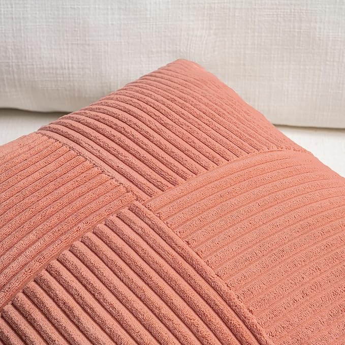 Fancy Homi 2 Packs Coral Samll Decorative Throw Pillow Covers 12x12 Inch with for Couch Bed Sofa, Rustic Farmhouse Boho Home Decor, Soft Corss Patchwork Corduroy Square Peach Cushion Case 30x30 cm