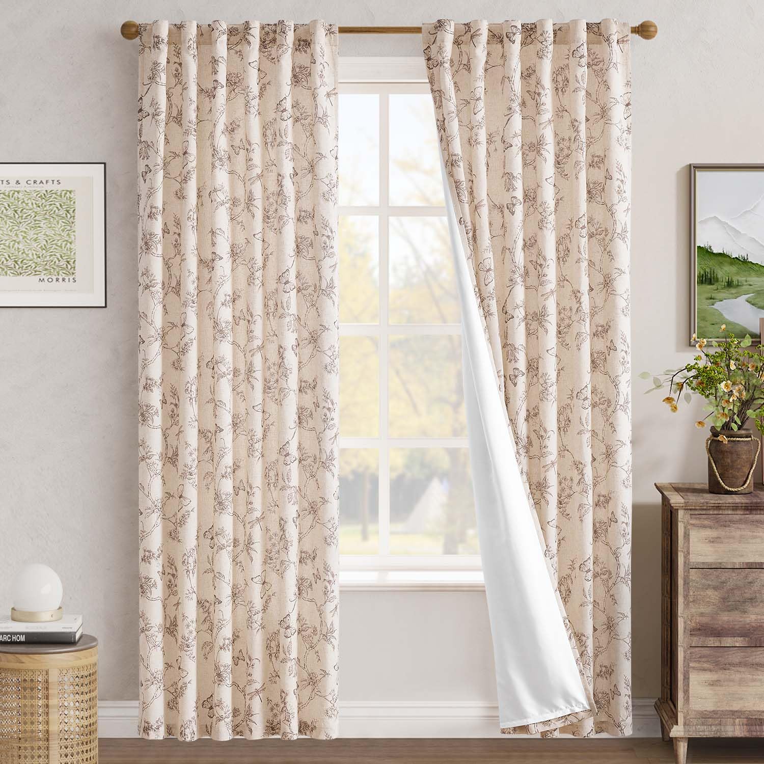 jinchan Taupe Floral Linen Curtains Lined 84 Inch Vintage Back Tab 2 Panels