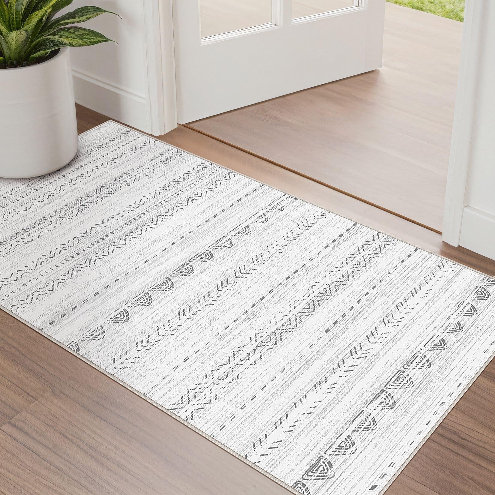 Nakagishi Boho 2x4 Washable Area Rug Non Slip Carpet for Entryway Gray