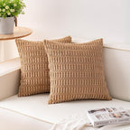 Pack of 2 Corduroy Decorative Throw Pillow Covers 22x22 Inch Soft Striped Pillow Covers Modern Farmhouse Home Decor for Sofa Living Room Couch Bed（Coffee）