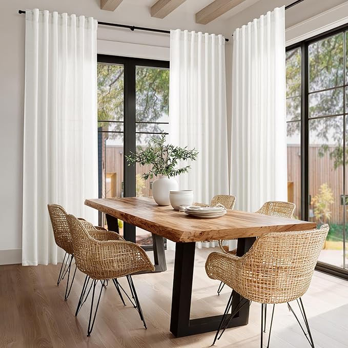 Nanspring Beige White Linen Curtains 96 Inches Long for Living Room Semi Sheer Linen Blend Curtains Back Tab Rod Pocket Light Filtering Farmhouse Coastal Decor Curtain for Bedroom 60x96, 2 Panels