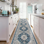Hallway Washable Runner Rug - 2'6x14 Kitchen Rugs Entryway Rug Runner Vintage Soft Floor Mat Non Slip Indoor Farmhouse Carpet for Bathroom Living Room Bedroom (2'6''x14', Blue)