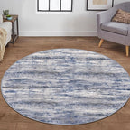 KOZYFLY Modern Abstract Round Washable Rug 5Ft, Non-Slip Soft Kitchen Bathroom Circle Rug, Grey-Blue Striped Entryway Rugs Abstract Faux Wool Doormat for Bedside Entrance Bedroom Sink