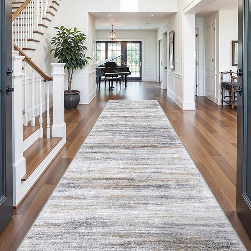 4x8 Wide Washable Runner Rug: Easy-to-Clean Runners for Hallway Entryway Kitchen Bedroom Living Room - Stain and Water Resistant Rugs with Non-Slip Backing - Soft Low-Pile Carpet Beige Grey — 6' x 12' (Runner)