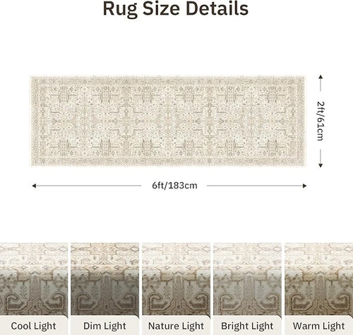 2x6 Hallway Washable Runner Rug - Soft Non Slip Vintage Rugs for Entryway Low-Pile Farmhouse Neutral Kitchen Runners Living Room Floor Mat Stain Resistant Distressed Carpet for Bedroom Bathroom Beige
