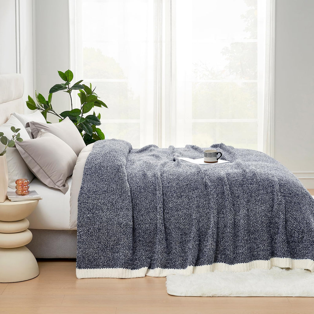 Snuggle Sac Oversized Navy Blanket, Twin XL Size for Bed | Reversible Super Soft & Cozy Knit Throw, Fuzzy Plush Fabric in Heather Navy, 66x90 inches