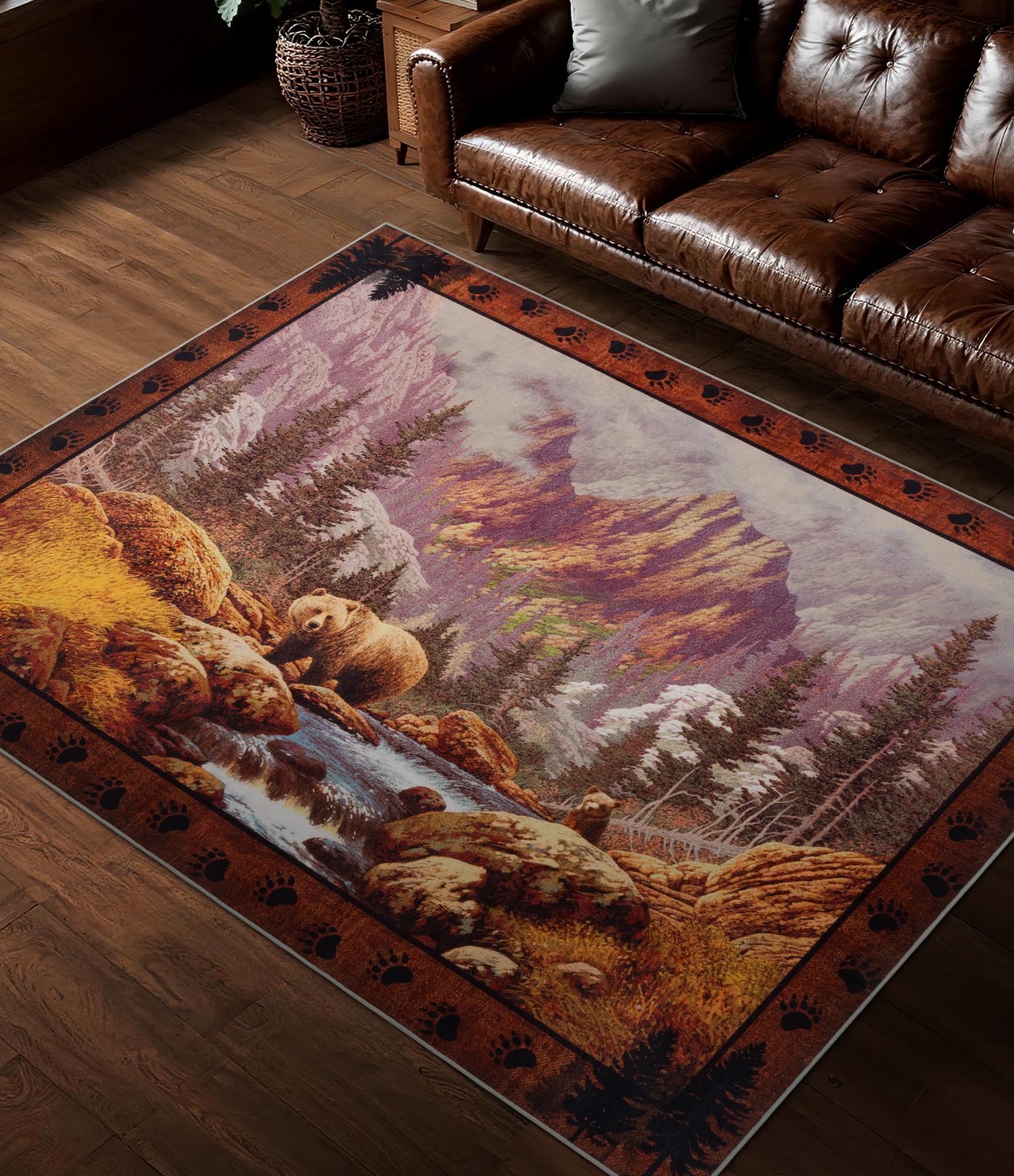 YIHOUSE Rustic Cabin Area Rug for Bedroom 4x6,Machine Washable Forest Bear Rug,Non-Slip Low Pile Print Pattern Mountain Rug for Living Room