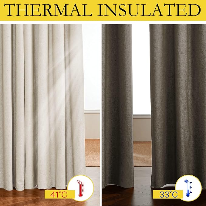 NICETOWN 100% Absolutely Blackout Linen Curtains with Thermal Insulated White Liner, 52" Wide, 2 Panels, 72 inches Long Drapes, Grommet Retro Beige Linen Curtains Vertical Drapes Privacy for Bedroom