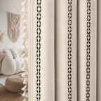 Beige Boho Blackout Curtains 2 Panels 84 Inch for Living Room Bedroom, Linen Texture Farmhouse Curtains with Tassels and Black Cotton Embroidery Vintage Rustic Western Rod Pocket
