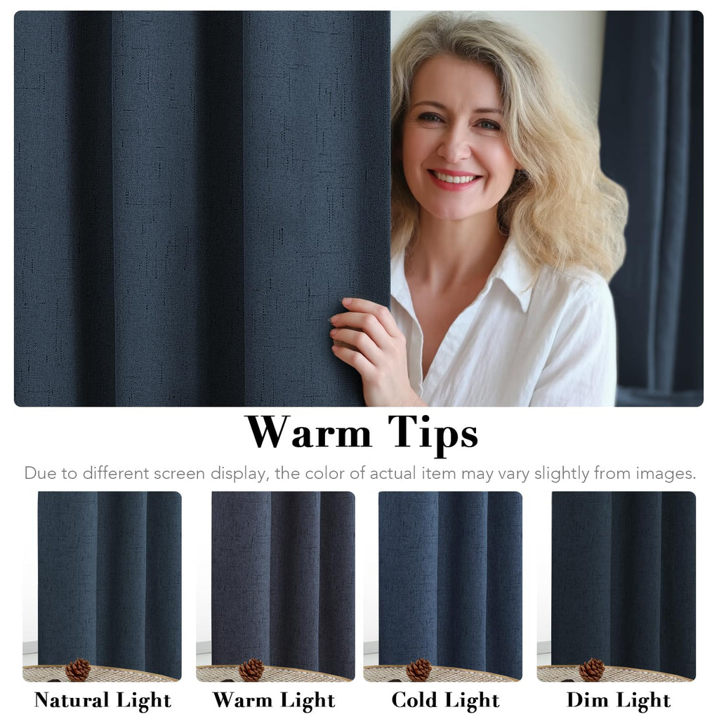 H.VERSAILTEX Linen Blackout Curtains Durable Thick Textured Linen Look 100% Blackout Patio Door Curtain Anti Rust Grommet Extra Wide Sliding Door Curtain Panel, 100 inch W X 108 inch L - Navy