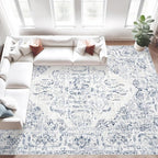 10x14 Area Rugs for Living Room: Washable Rug Vintage Large Rugs Soft Non Slip Low Pile Rug Floral Distressed Floor Carpet for Bedroom Nursery Dining Room Home Office (Blue,10'x14')