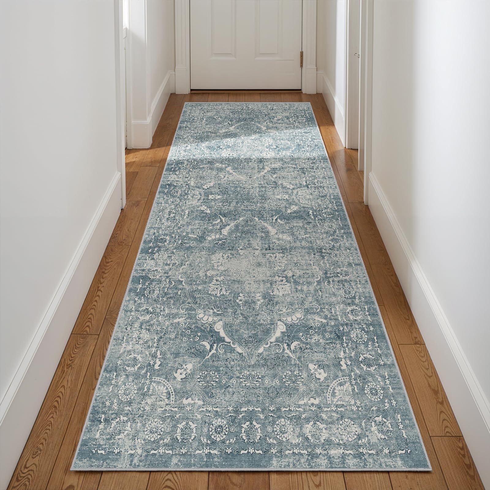 EISUROM 3x8 Washable Runner Rug: Vintage Medallion Kitchen Soft Rugs Blue