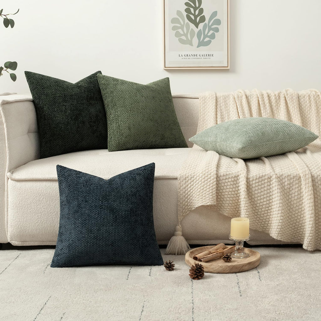 MIULEE Soft Decorative Chenille Pillow Covers Green Navy 20x20 Pack of 4