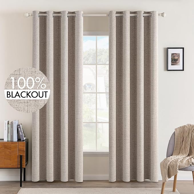 MIULEE 100% Blackout Linen Curtains for Bedroom 52x84 Inches Natural Khaki