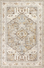 Yamaziot Area Rug 9x12, Non-Slip Washable Boho Vintage Living Room Bedroom Rug with Rubber Backing, Low Pile Faux Wool Soft Distressed Rug Floor Carpet for Living Room, Bedroom