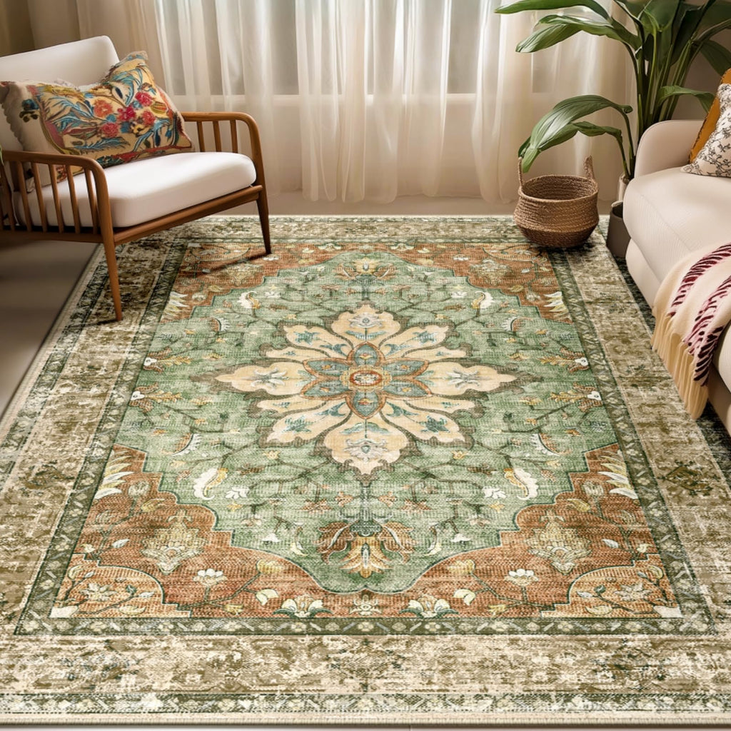 RELEANY Washable Area Rug, 5'x7', Brick/Brown/Green