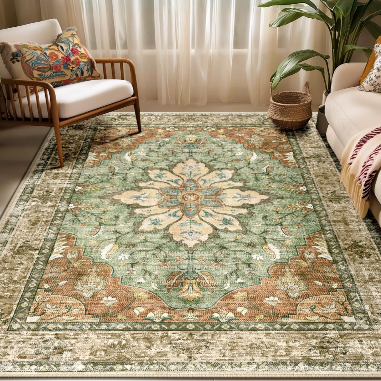 RELEANY Washable Area Rug, 5'x7', Brick/Brown/Green