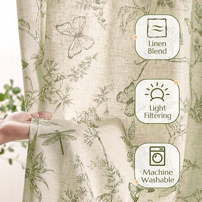 jinchan Green Floral Linen Curtains Lined 84 Inch Vintage Back Tab 2 Panels