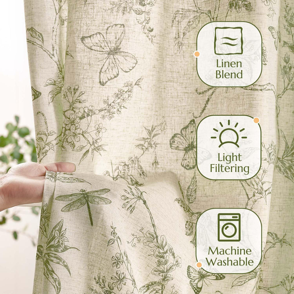 jinchan Green Floral Linen Curtains Lined 63 Inch Vintage Back Tab 2 Panels