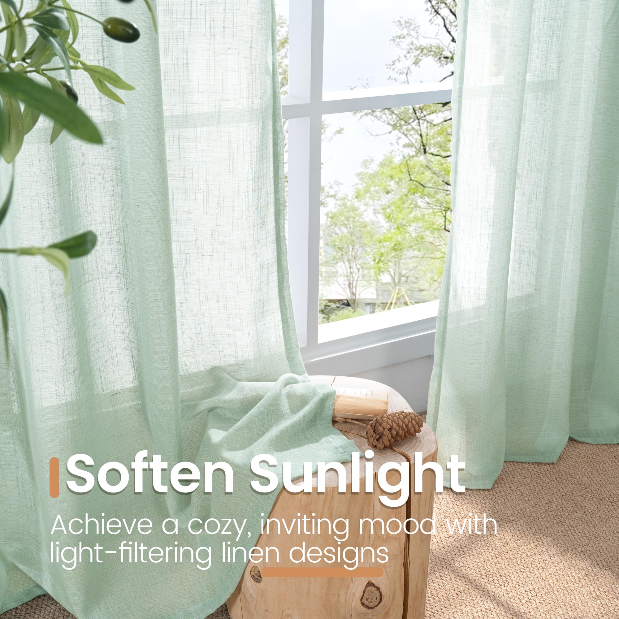 BGment Light Green Linen Curtains 45 Inch Length - Small Window Drapes Lightweight with Rod Pocket for Bathroom Kitchen Window Spring Decor, 2 Panels Set, 30 X 45 Inch