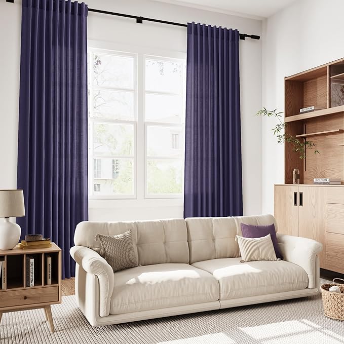 Nanspring Purple Linen Curtains 84 Inches Long, Back Tab Light Filtering Semi Sheer Privacy Drapes for Living Room & Bedroom Simple Style, 52x84 inch, 2 Panels