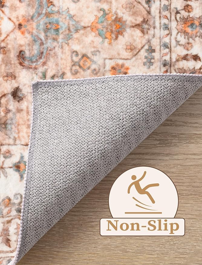 SERISSA Boho Washable Runner Rug, 2x6 Rug Non-Slip Vintage Peach Cream Hallway Kitchen Runner Rug Ultra Soft Print Distressed Floor Carpet for Bedroom Bathroom Laundry Living Room