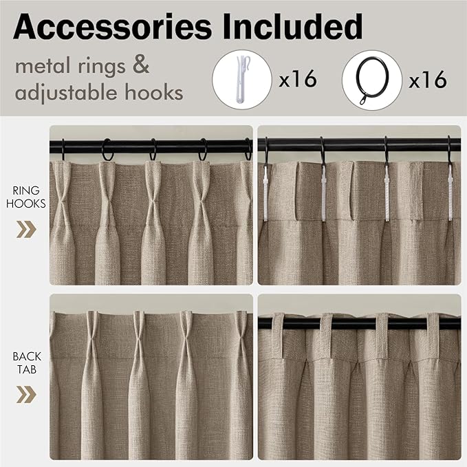MIULEE Pinch Pleated Thick Linen Curtains 90 Inches Long 2 Panels for Living Room Bedroom, Linen Textured Memory Trained Pleat Drapes Back Tab Light Filtering Grey Beige Window Curtains with Hooks