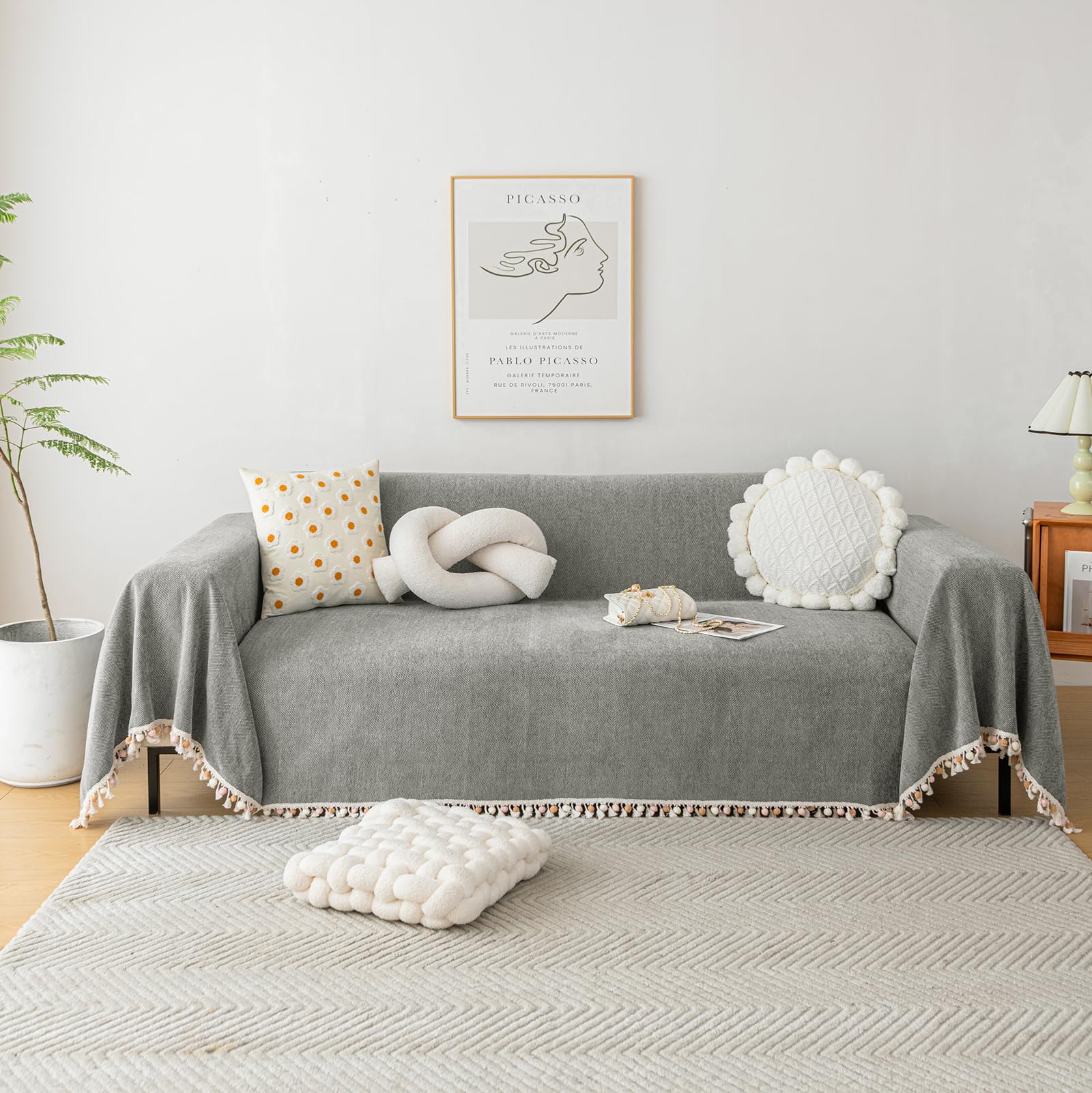 HANDONTIME Couch Slipcovers for Sofas Dark Grey Couch Cover Sofa Cover for Dogs Boho Pet Couch Protector with Tassel Chenille Herringbone Couch Cover for 2 3 Seat Washable Pet Friendly, 71" X134"