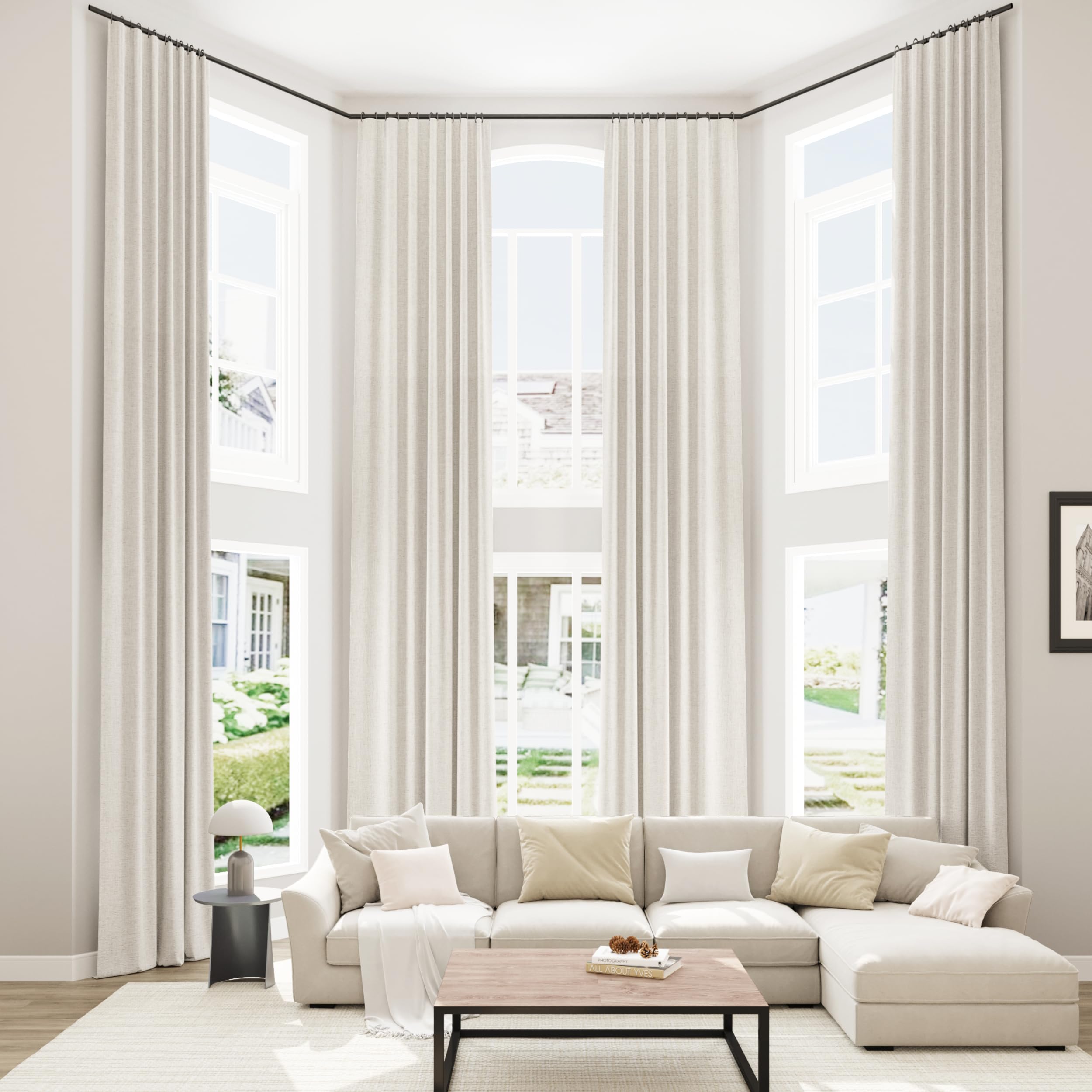 Extra Long 100% Blackout Linen Curtains for Bedroom 140 Inches Long Natural Cream Black Out Curtain Back Tab Thermal Insulated Room Darkening Window Drapes for Living Room 2 Panels Beige Ivory 52x140
