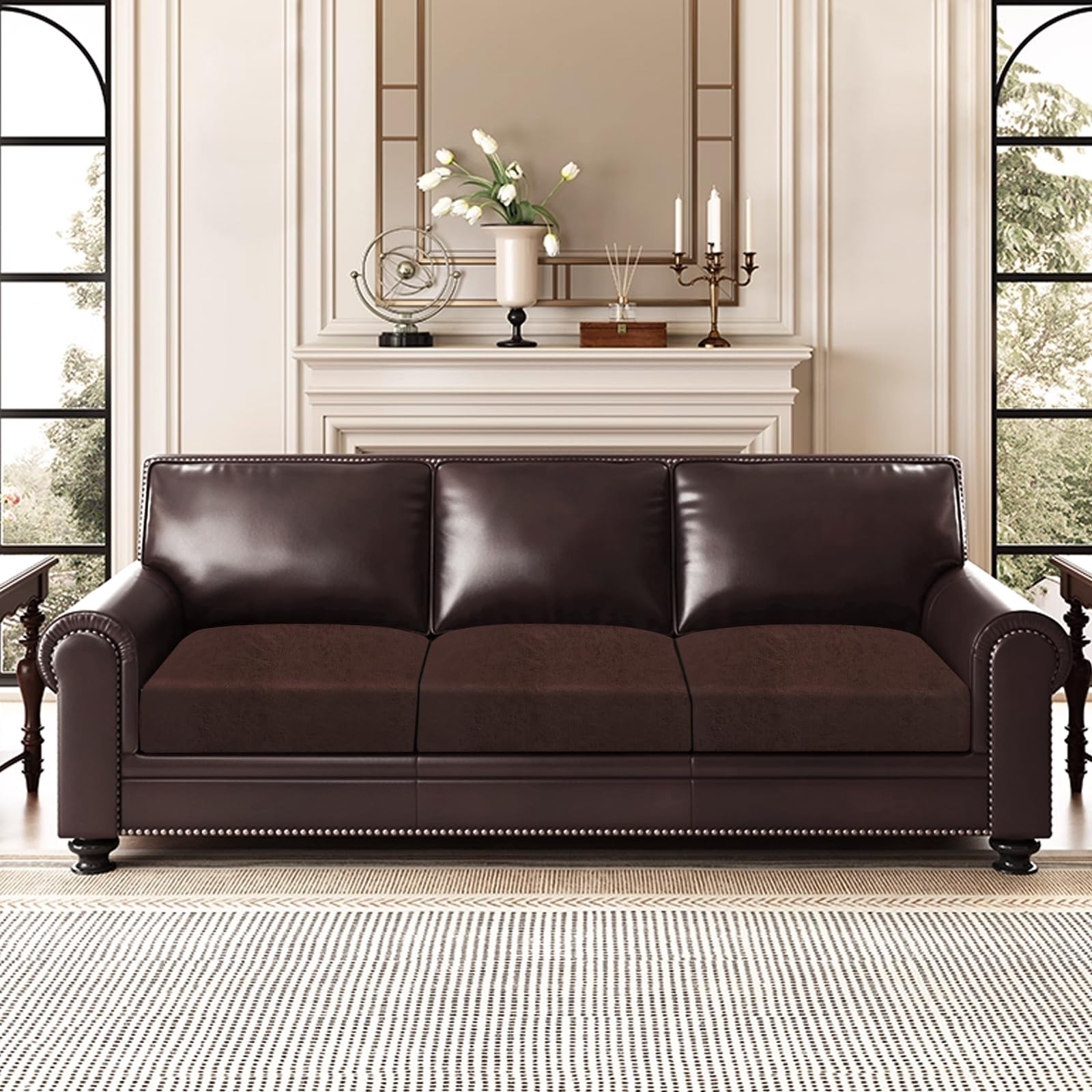 ANARACHON Leather Look Couch Cushion Covers Sofa Seat Slipcovers Sets Couches Furniture Protector for Sectional Armchair Loveseat Pets Kids Stretch Spandex Fabric (3 Cushion Sofa, Chocolate)