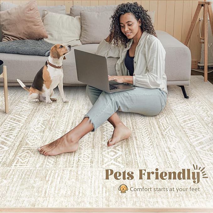 Living Room Rugs 10x14: Washable Moroccan Geometric Boho Rug Farmhouse Non Slip Stain Resistant Large Rug Low Pile Soft Carpet for Bedroom Dining Room Kids Room (Ivory Beige,10'x14')