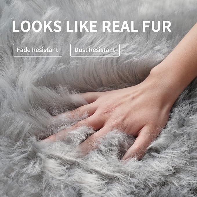 Grey Fluffy Rug for Bedroom, 2'X6' Faux Fur Rug for Runner, Gray Soft Shag Rug for Sofa Couch Cushion, Cozy Shaggy Fuzzy Plush Floor Carpet for Nursery, Cute Bedside Dorm Home Decor Rectangle