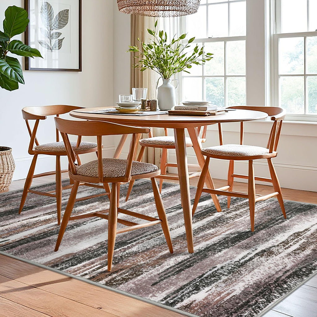Lansny Modern Abstract 6x9 Machine Washable Living Room Rug Non-Slip Soft Bedroom Area Rug Dark Light Brown White Ultra Thin Print Faux Wool Floor Carpet Throw Rugs for Dining Room Indoor Office