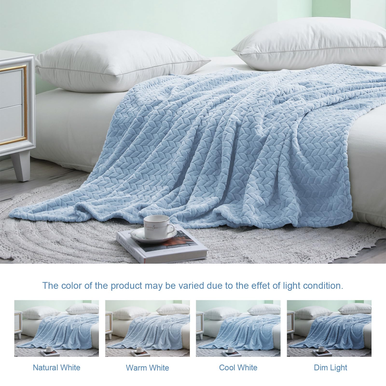 Exclusivo Mezcla Fleece Throw Blanket for Couch Sofa, 50”x70”, Light Blue